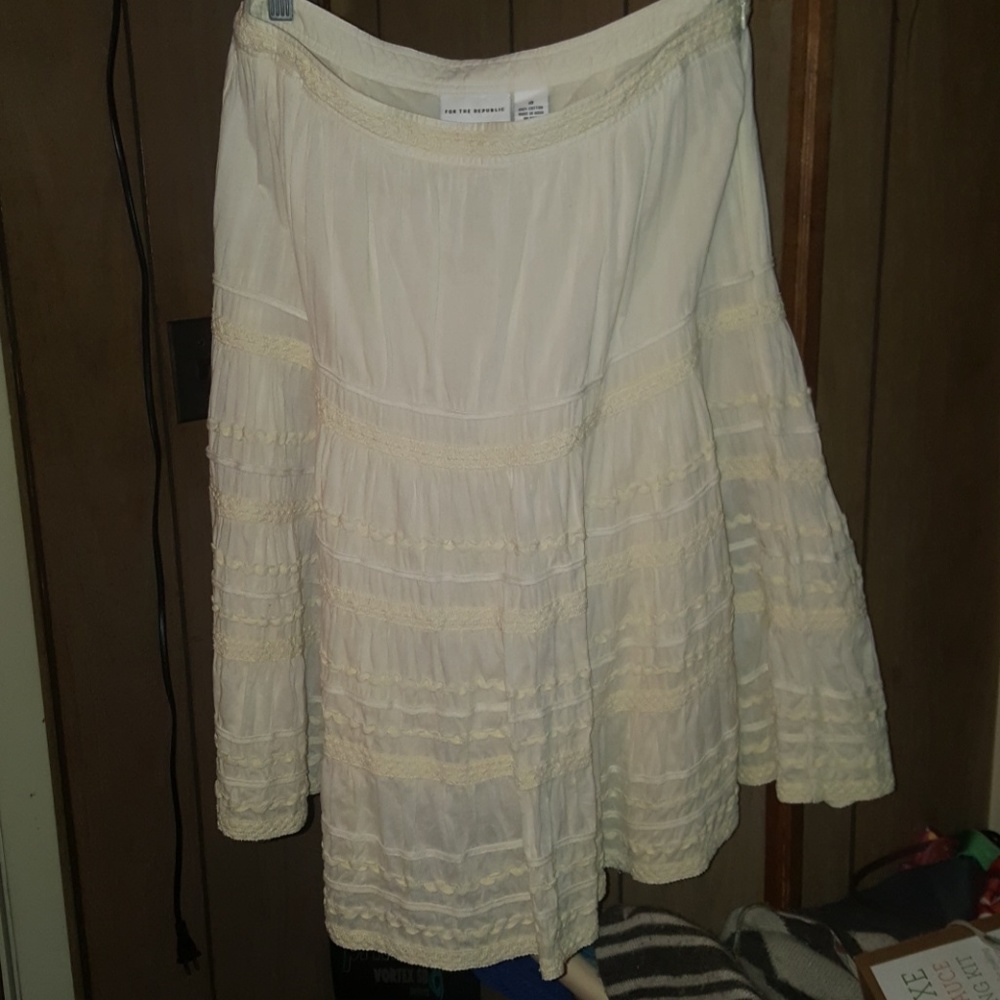 cream color, embroidered mid length peasant skirt
